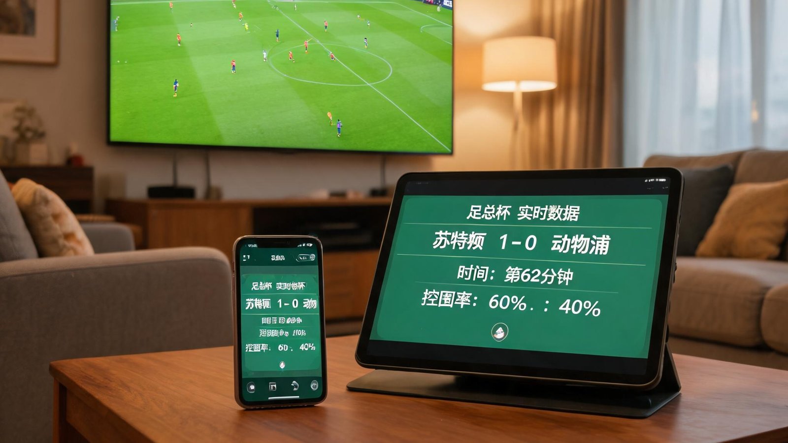 家庭客厅中电视正在播放足总杯比赛，手机和平板同步显示实时数据