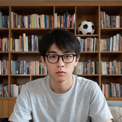 一位戴眼镜的年轻男性，表情专注，身后是书架和足球