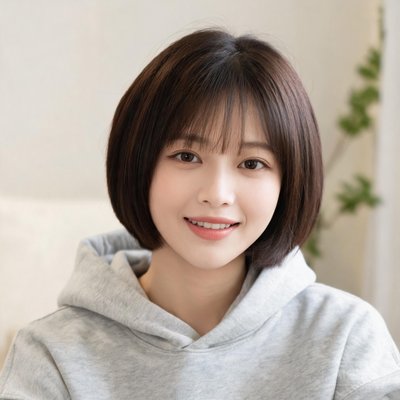 一位短发女性对着镜头微笑，穿着休闲卫衣