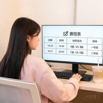 一位长发女性在电脑前工作，屏幕上显示赛程表格