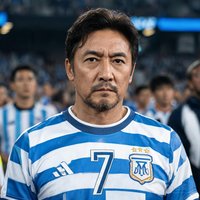 一位中年男性球迷穿着复古球衣，眼神坚毅